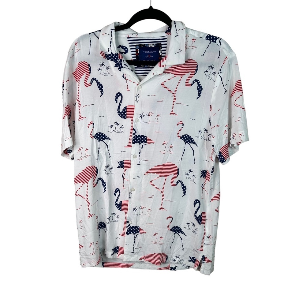 Denim & Flower Shirt Adult Large Red Blue Patriotic Flamingo Ricky Singh Button